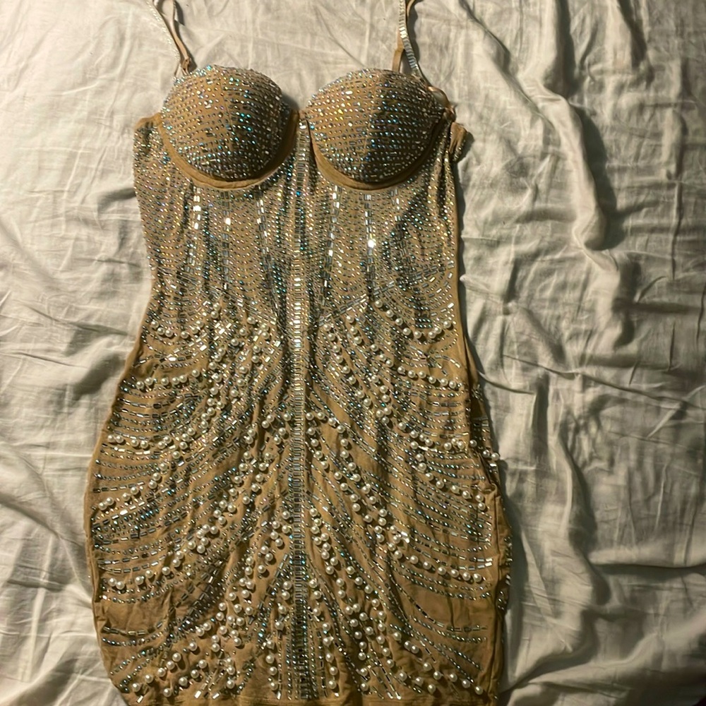 Banjul Nude Rhinestone Pearl Mesh Dress 💎